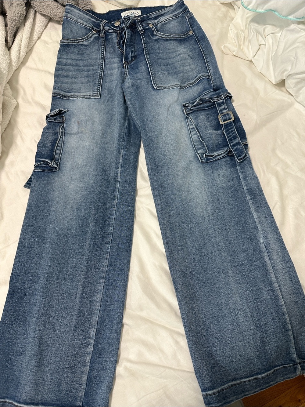 Urban Outfitters Wide-Leg Cargo Jeans in Faded Blue Denim